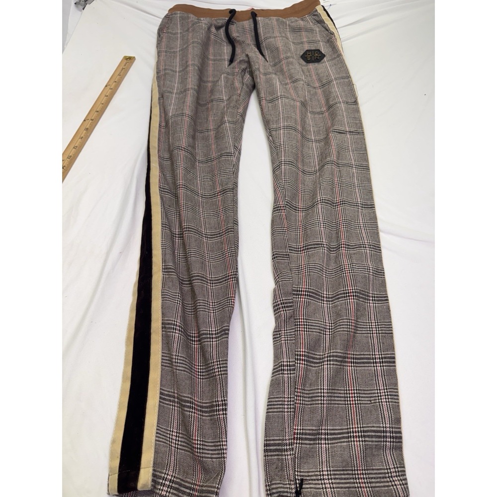 Hudson Outerwear pants Large tapered leg plaid red tan zipper ankles stripe side